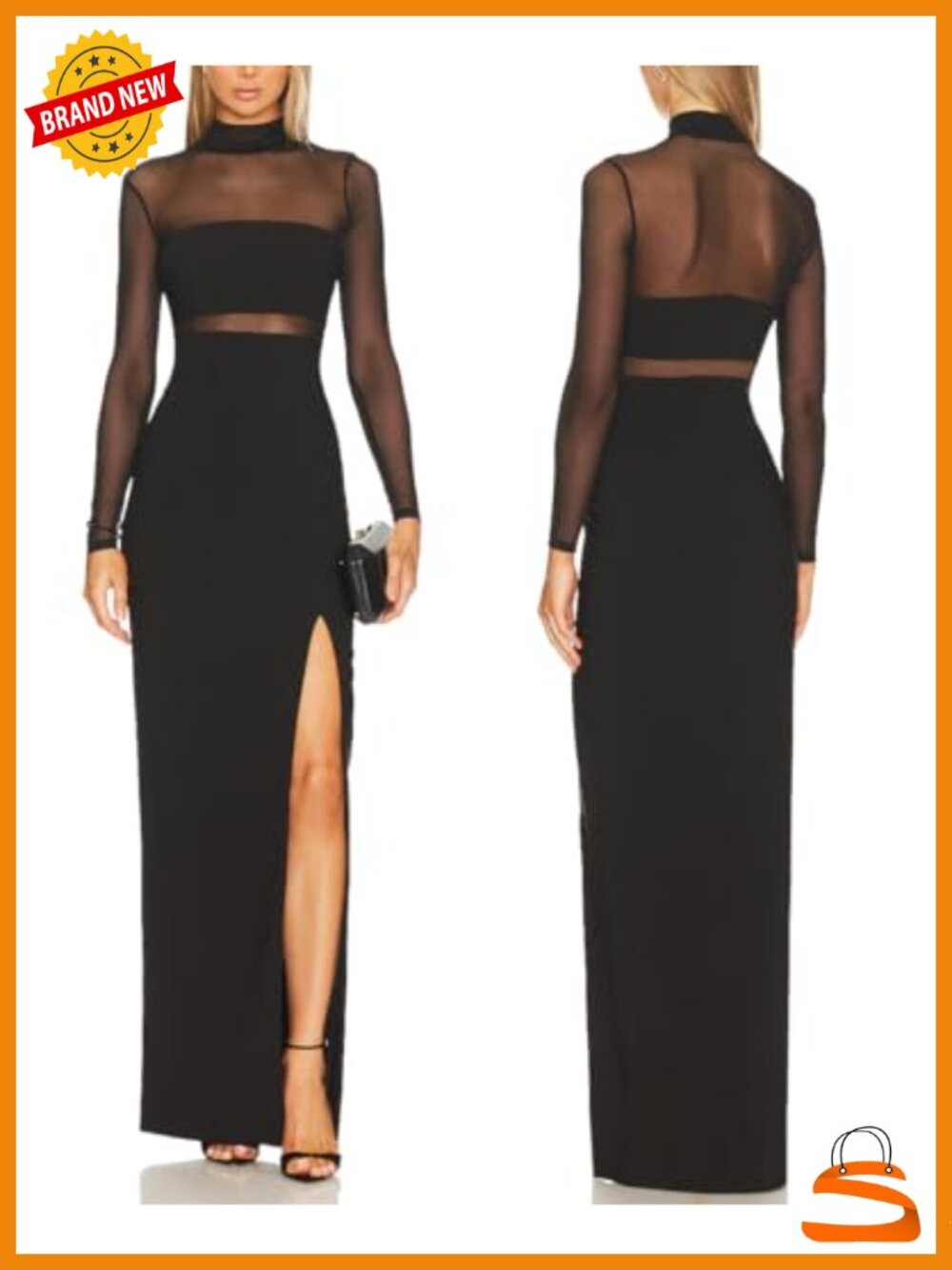 Lace Mesh Long Sleeve Turtleneck Bodycon Maxi Dress Side Slit Formal Party